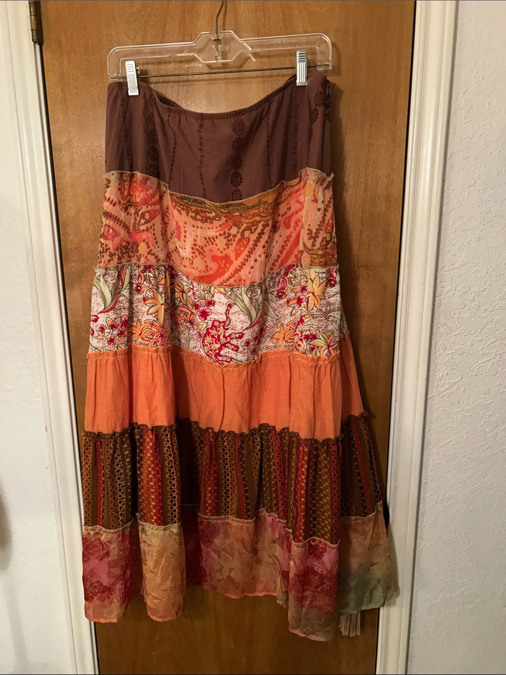 Boho Tiered Orange Patchwork Maxi Skirt. 14